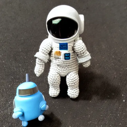 Prompt: a miniature amigurumi astronaut. Diorama. very Full Detailed. 4k. Macro 200 mm