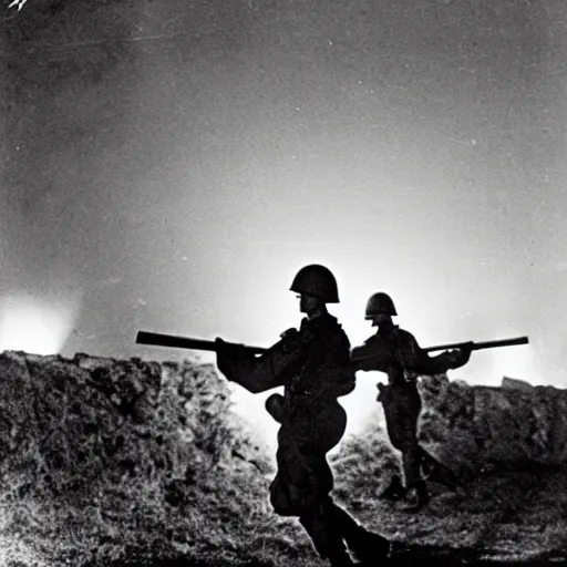 Prompt: nighttime ambush during WWII outside a mine entrance on a grassy field, with a soldier wielding power plates with glowing blue lights