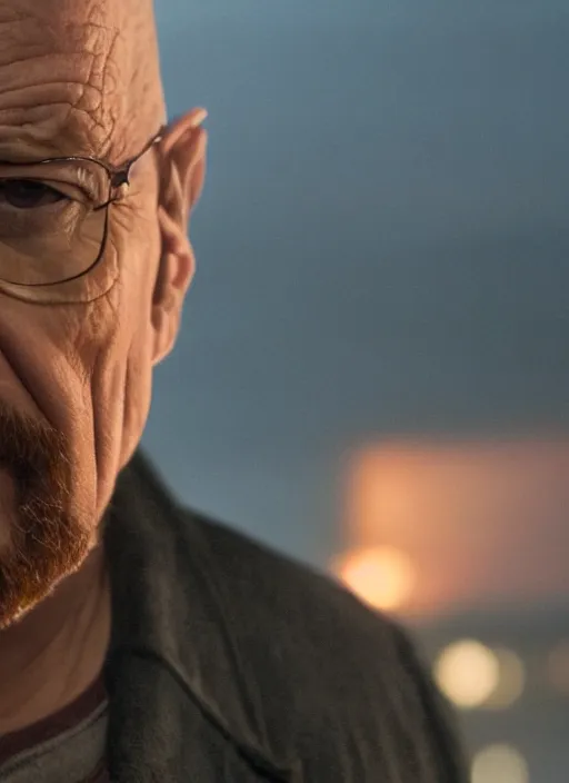 Image similar to a close - up, color cinema film still of walter white in blade runner 2 0 4 9, cinematic lighting at night.