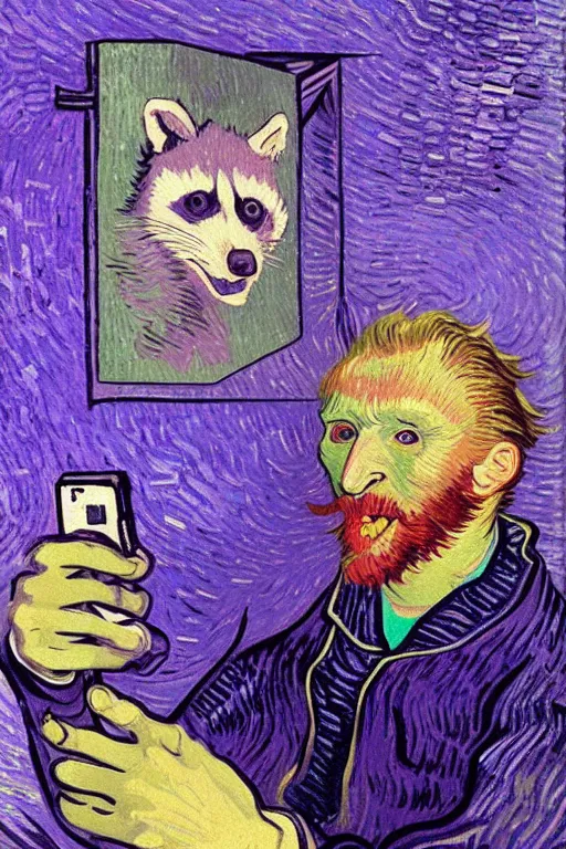 Image similar to selfie laughing purple space racoon by Vincent van Gogh