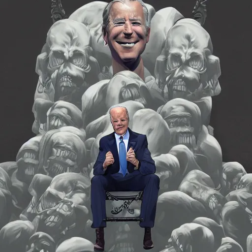 Image similar to Joe Biden sitting on a throne of skulls, digital painting, trending on artstation