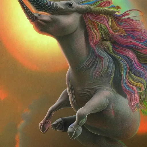 Image similar to a stunning detailed mate painting of a humonid unicorn dancing under a rainbow on a graveyard'by wayne barlowe, existential horror, trending on cgsociety artstation, highly detailed, 8 k, masterpiece, super resolution.