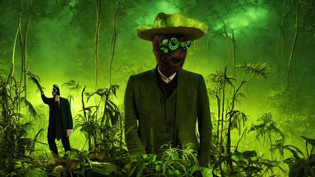 Image similar to snake oil saleman demigod with neon green mask in a swampy jungle landscape, visible sky and humid atmosphere, the salesman's dream by alejandro jodorowsky and denis villeneuve, kodakchrome, cinematic composition, practical effects, 8 k