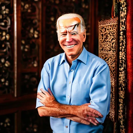 Prompt: A Photo Portrait of Joe Biden Wearing Indonesian Batik Tulis at a fancy Balinese restaurant, award winning photography, sigma 85mm Lens F/1.4, blurred background, perfect faces