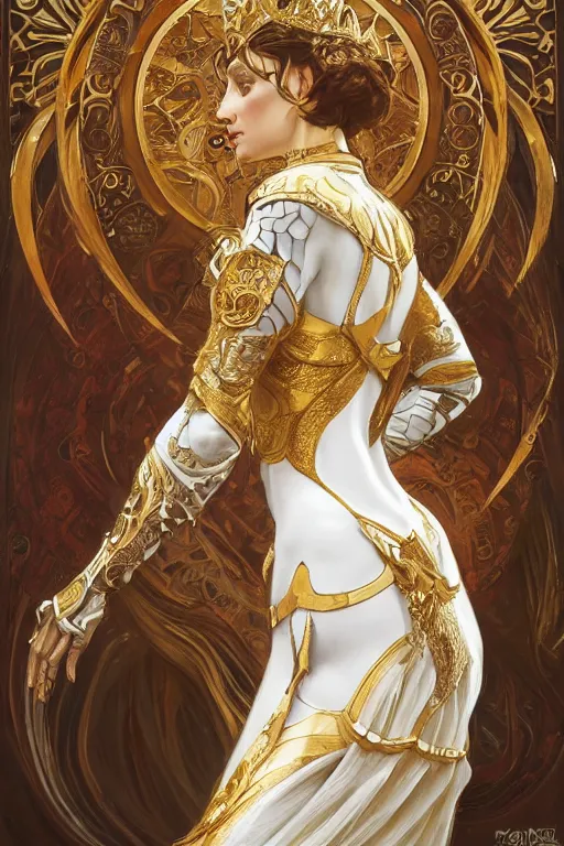 Image similar to full body portrait of a queen wearing white armor with ornate bronze and gold, white gossamer wings, art nouveau, profile, 4K, character concept art, oil painting, trending in artstation, cgsociety, by nekro, Alphonse Mucha, Artgerm, Greg Rutkowski and Craig Mullins