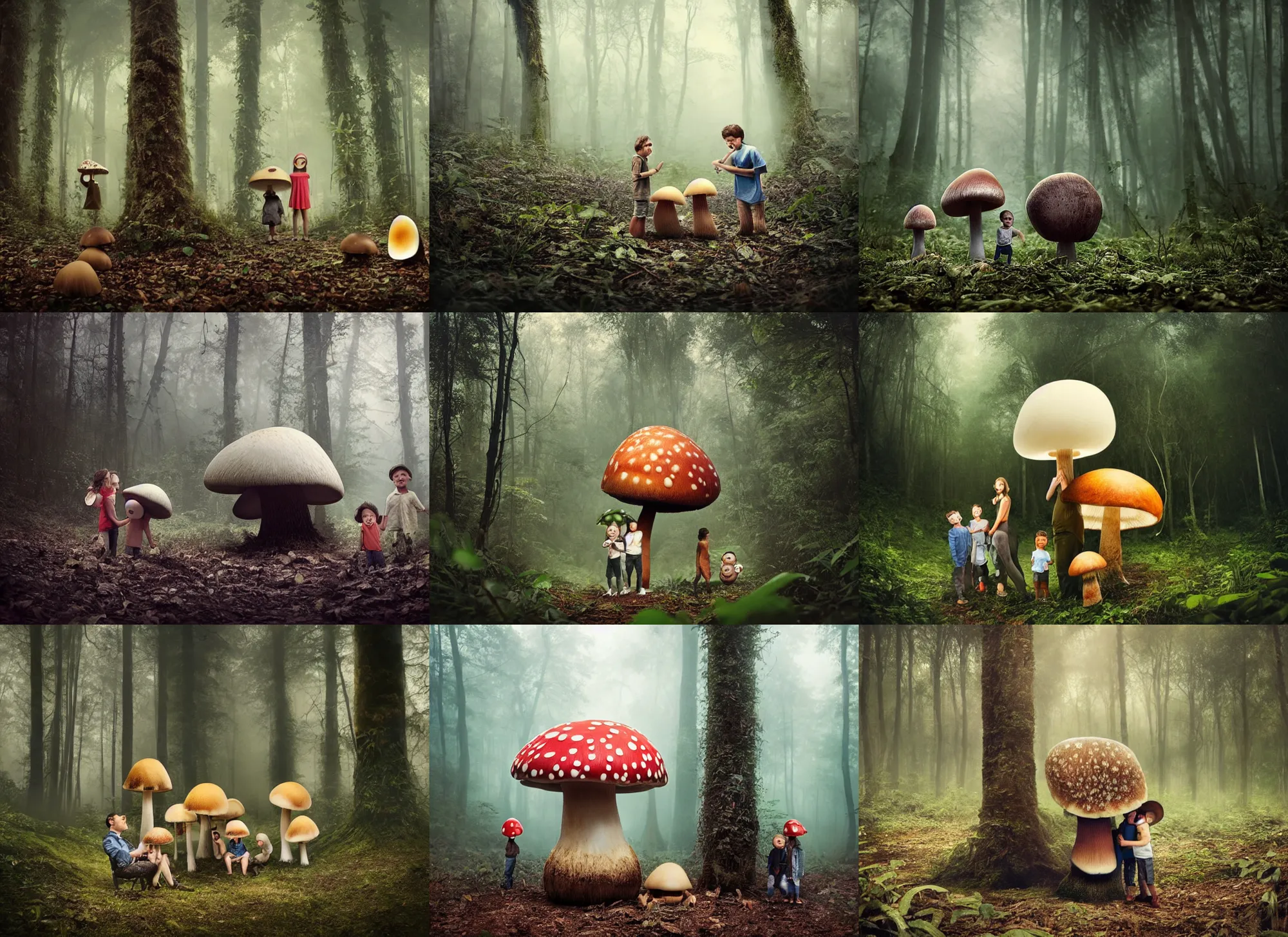 Prompt: oversized mushroom with big eyes and mouth with his kids, in jungle forest peak, full body, nighttime, cinematic focus, polaroid photo, vintage, neutral dull colors, soft lights, foggy, overcast by oleg oprisco, by thomas peschak, by discovery channel, by victor enrich, by gregory crewdson