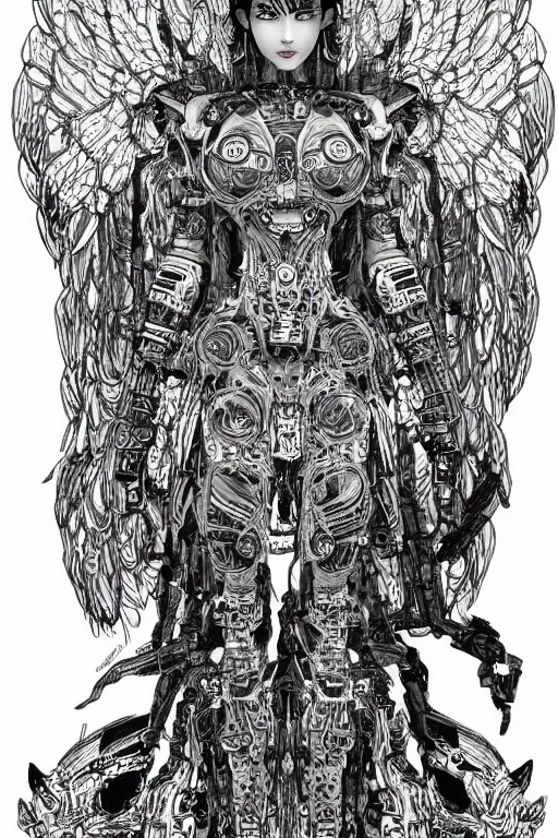 Image similar to full body illustration, mechanized mayan female, repressed angel, highly detailed, sumi - e art, suiboku - ga ink, by kim jisu, pen and ink monochrome, mecha, deviantart, artstation, pinterest