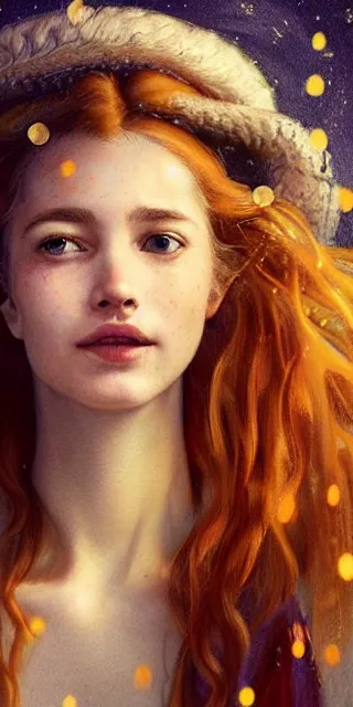 Prompt: a totally amazed smiling pretty woman surrounded by golden firefly lights amid grassland, fully covering intricate detailed bohemian outfit, long loose red hair, precise linework, accurate green eyes, small nose with freckles, beautiful smooth oval head, expressive emotions, hyper realistic ultrafine portrait by artemisia gentileschi, jessica rossier, greg rutkowski, artgerm