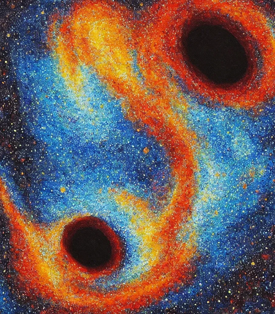 Prompt: a painting of a black hole surounded by nebular, impasto oil painting, pointilism