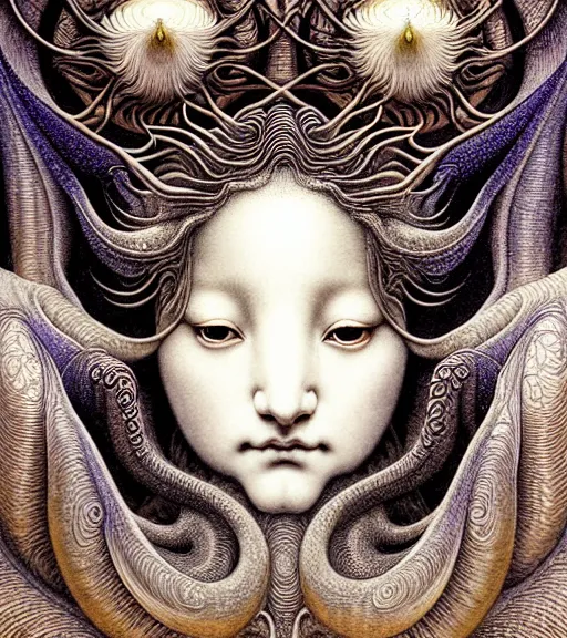 Image similar to detailed realistic beautiful kitsune goddess face portrait by jean delville, gustave dore, iris van herpen and marco mazzoni, art forms of nature by ernst haeckel, art nouveau, symbolist, visionary, gothic, neo - gothic, pre - raphaelite, fractal lace, intricate alien botanicals, ai biodiversity, surreality, hyperdetailed ultrasharp octane render