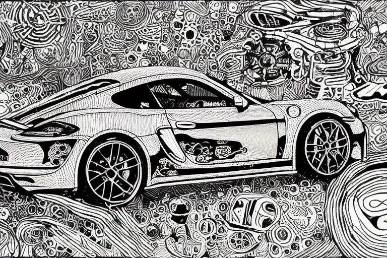 Prompt: a black and white drawing of a porsche cayman gt 4 rs, a detailed mixed media collage by hiroki tsukuda and eduardo paolozzi and moebius, intricate linework, sketchbook psychedelic doodle comic drawing, geometric, street art, polycount, deconstructivism, matte drawing, academic art, constructivism