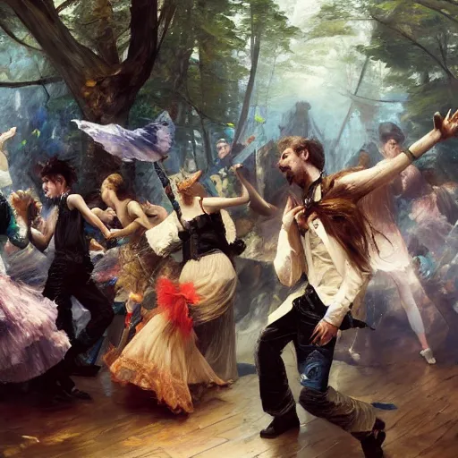 Prompt: rave dance party by andreas achenbach, yoshitaka amano, arthur adams, charlie bowater, leonid afremov, chiho ashima, karol bak, david bates, tom chambers