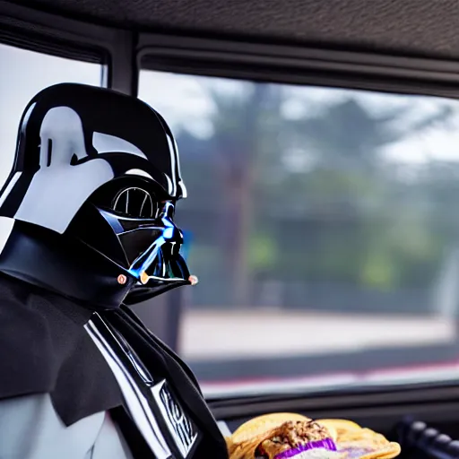 Prompt: (darth vader sits in his TIE Fighter with the window rolled down, at the taco bell drive through, getting his tacos and drink), 8K, 4K, UE5