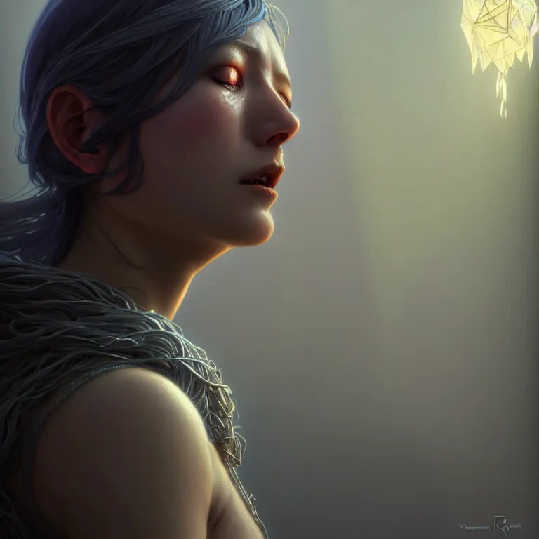 Prompt: crying goddess, tall, silver skin, illustration, cinematic lighting, 8 k, d & d, frostbite 3 engine, dof, artstation, tangled, digital art, twilight ray, art by tsuyoshi nagano, greg rutkowski, artgerm, alphonse mucha