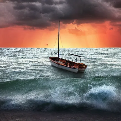 Image similar to spoonfuls of gloomy and dark clouds in a dark sky, with a warm sunset over the ocean leering towards the horizon where a sailboat is overshadowed by the waves, digital art