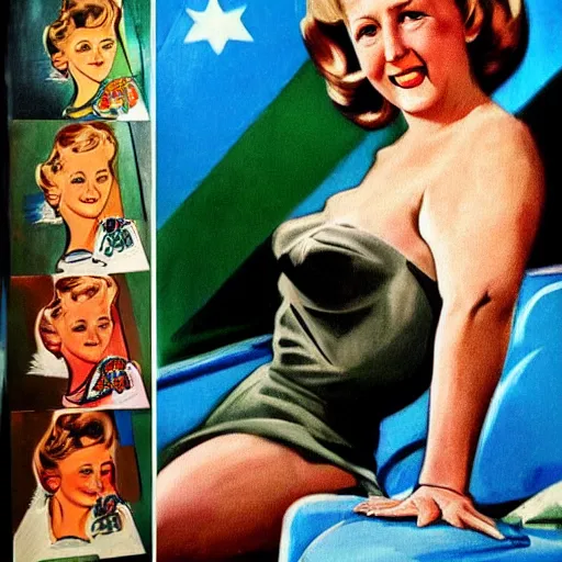 Prompt: A 1950's pin-up of Angela Merkel, vivid colors, realistic,