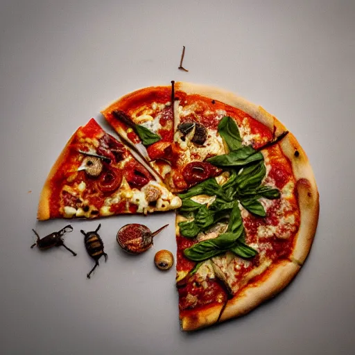 Prompt: a pizza with cricket and cockroach toppings, food photography, trending, instagram photo, detailed