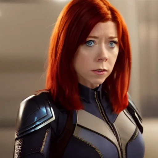 Image similar to film still of Alyson Hannigan playing Black Widow in The Avengers, 4k