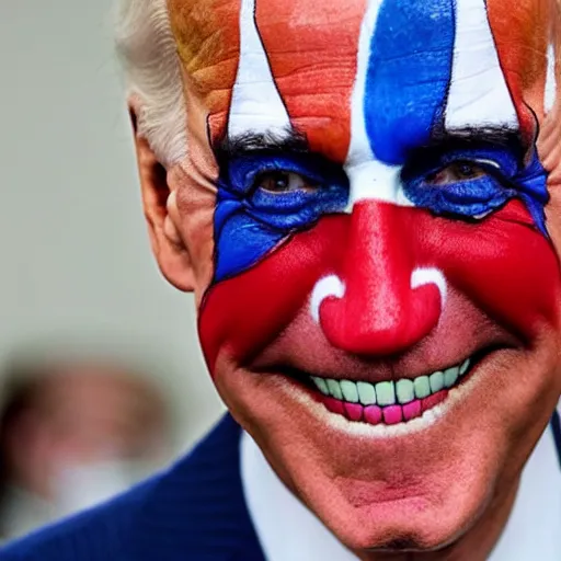 Image similar to Joe Biden with colorful clown makeup all over his face