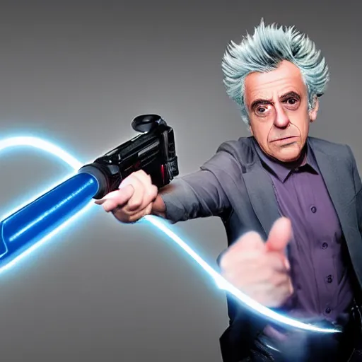 Image similar to Rick Sanchez as a real-life person, studio portrait, real-life-action movie star, holding a portal gun, opening a portal, Rick Sanchez