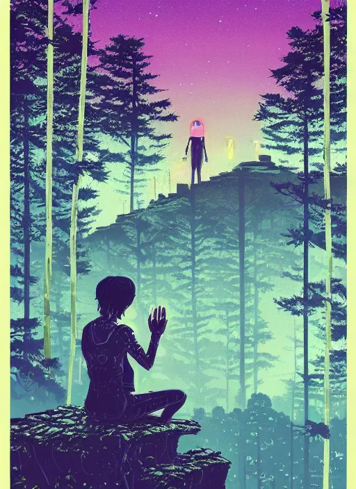 Image similar to an indie game poster of a translucent cyberpunk explorer meditating on an ancient platform in the middle of a dense forest, midnight, risograph by ghostshrimp, kawase hasui, josan gonzalez, jean giraud, moebius, colourful flat surreal design, in the style of oxenfree, super detailed, a lot of tiny details