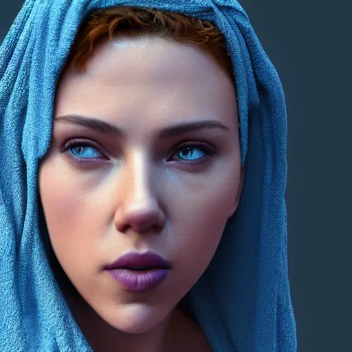 Image similar to scarlett johansson blue hair wrapped in a towel getting out of the shower, 3 d render, hyper - realistic detailed portrait