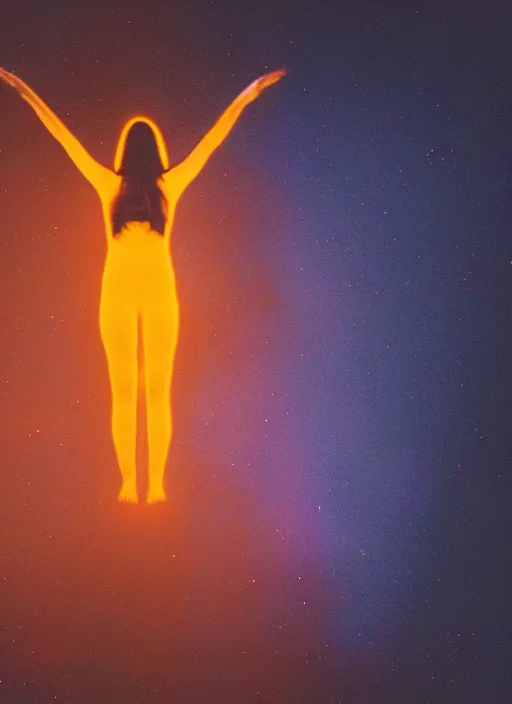 Image similar to female ascending into the sky, glowing aura, motion blur, long exposure, film grain, cinematic lighting, experimental film, shot on 1 6 mm