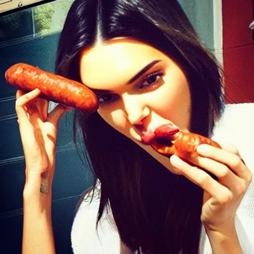 Image similar to “Kendall Jenner eating a humongous hotdog, inserting it into her mouth and staring intently at the camera”