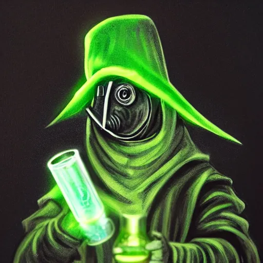 Prompt: gothic plague doctor with a wide brimmed hat clutching a glass vial, bathed in green glow