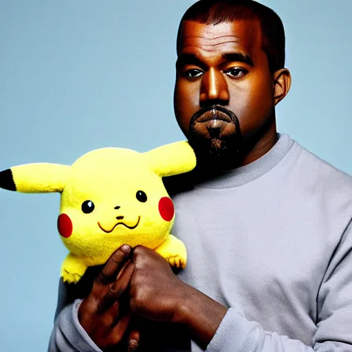 Image similar to kanye west smiling holding pikachu for a 1 9 9 0 s sitcom tv show, studio photograph, portrait c 1 2. 0