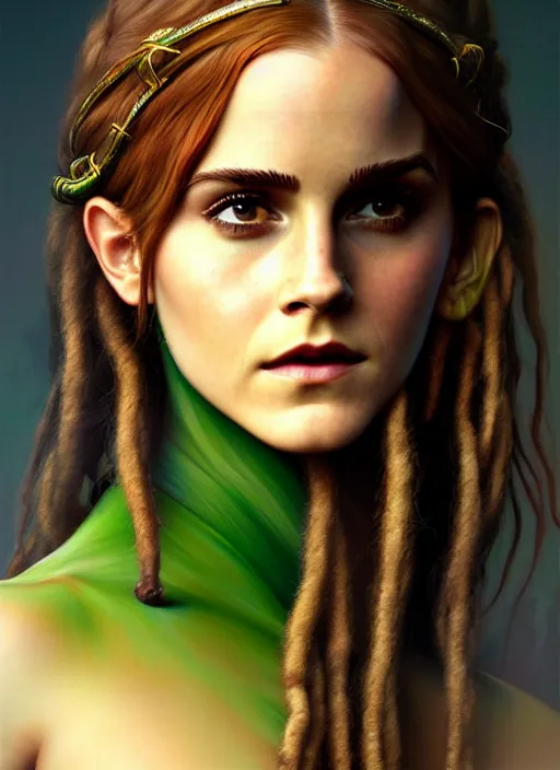 Image similar to redskin emma watson as druidess, long dreadlocks, brown and green cloth, shiny background, intricate, elegant, highly detailed, digital painting, artstation, concept art, smooth, sharp focus, illustration, artgerm, bouguereau