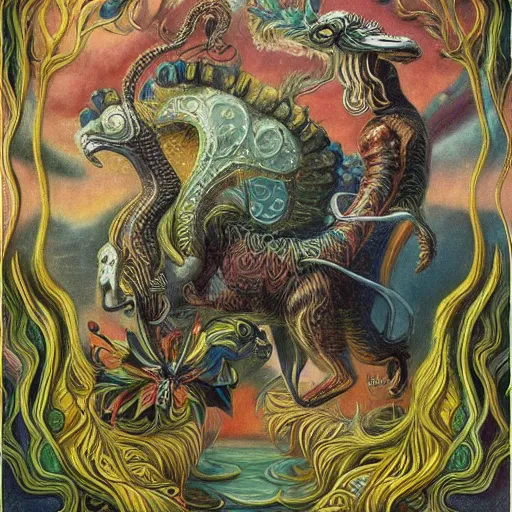 Image similar to strange mythical beasts of whimsy, surreal oil painting by Ronny Khalil , drawn by Ernst Haeckel, as an offering to Zeus