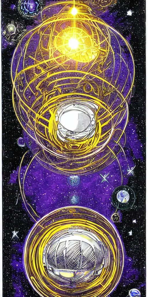 Prompt: Eight of Dyson Spheres, tarot card,