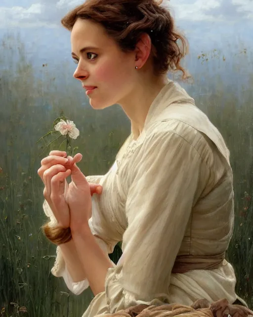 Image similar to a portrait painting of rachel lane / sabrina lloyd / perdita weeks / rachel mcadams / nicole de boer hybrid oil painting, gentle expression, smiling, elegant clothing, scenic background, extremely detailed and lifelike, artgerm, greg rutkowski, alphonse mucha, vladimir volegov, adolphe bouguereaum, jason edmiston