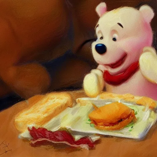 Image similar to close up of winnie the pooh eating bacon sandwich, cinematographic shot, by daniel f. gerhartz