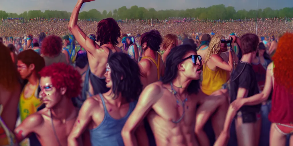 Image similar to Photorealistic people at woodstock 99 by KDA and Sam Yang, trending on artstation