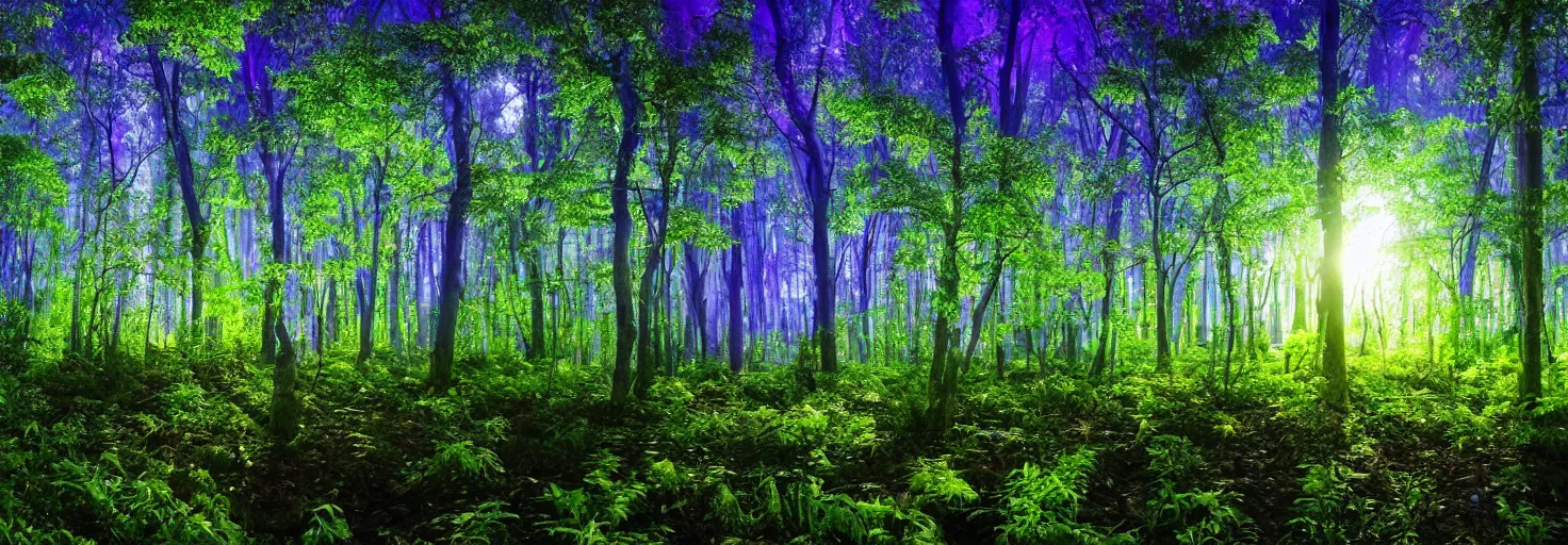 Image similar to a forest with glowing plants, magical, starts visible in the sky, wide shot, dramatic lighting