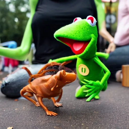 Image similar to dslr photo of kermit the frog dancing with a caramel dog