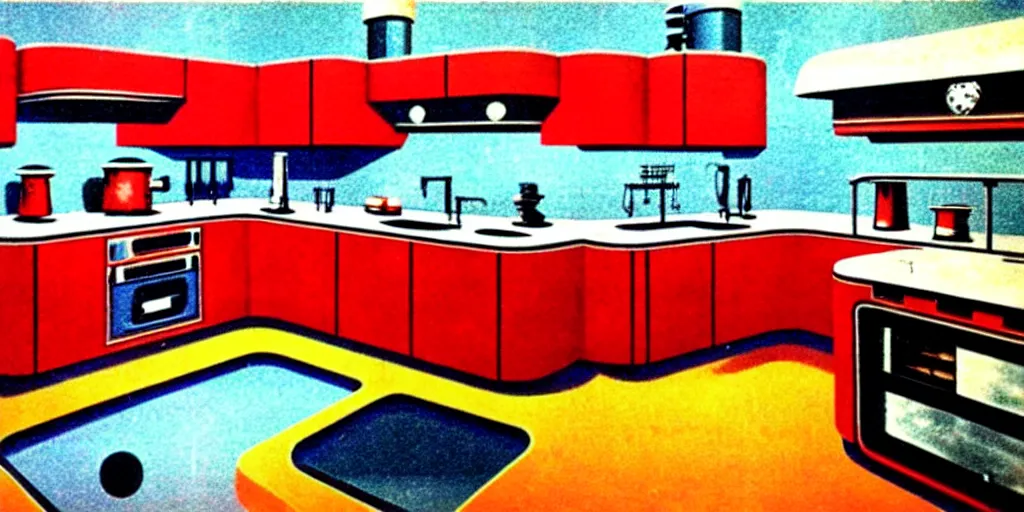 Image similar to soviet retro - futuristic kitchen, space station