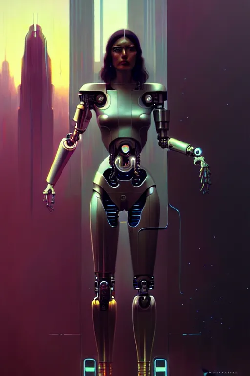 Image similar to ultra realistic, beautiful cyborg woman, sci-fi, fantasy, cyberpunk, intricate, elegant, highly detailed, digital painting, octane render, artstation, concept art, smooth, sharp focus, illustration, art by vincent di fate and michael welan and greg rutkowski and alphonse mucha