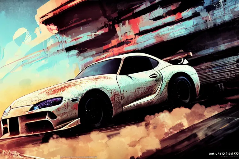 Image similar to digital illustration of mad max's toyota supra pursuit special, by makoto shinkai, ilya kuvshinov, lois van baarle, rossdraws, basquiat