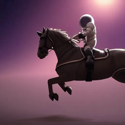 Prompt: cinematic lighting of a rendered image of an astronaut riding a horse by nick silva, trending on art station, rainbow