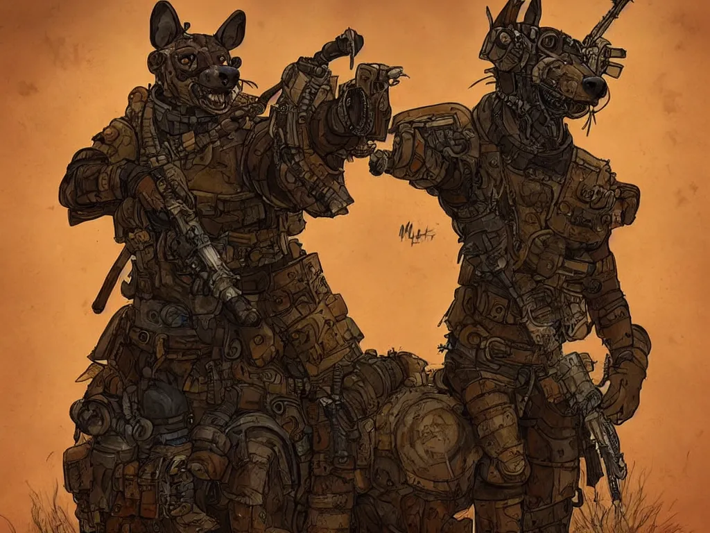 Image similar to a good ol'hyena fursona ( from the furry fandom ), heavily armed and armored facing down armageddon in a dark and gritty version from the makers of mad max : fury road. witness me.