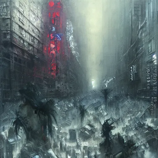 Image similar to horde of zombies in downtown new york, highly detailed painting by jeremy mann and beksinski