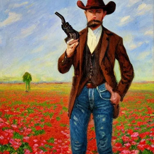 Prompt: an impressionist painting of a tall man with blue eyes that is wearing a cowboy hat and a leather vest. He is holding a revolver in his left hand and a rose is in his right hand. He is standing in a field of roses.