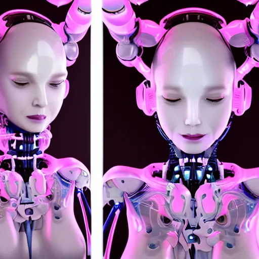 Image similar to an extremely beautiful biomechanical female robot with large emoji, twins, neon jacuzzi, oppai cyberpunk, chimeric organism, pale skin, organic polycarbon, full frontal portrait, highly detailed, transhumanist hydration, light bath, symmetrical, goddess, mendelbrot fractal, ray tracing, hyperdetailed, hyperrealistic, trending on artstation, octane render, hdr, uhd, in the style of trevor brown 4k