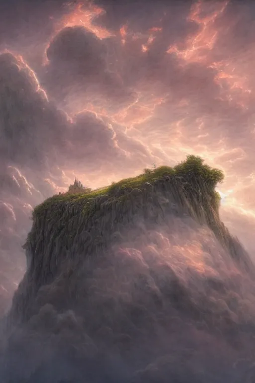 Image similar to a beautiful hyper realistic detailed matte painting of an island floating in the sky, flying castle tower, vivid color hues, looks like creativity by john howe, greg rutkowski, gustave dore, ferdinand knab, lush sky above a desolate apocalyptic plain, barometric projection, rectilinear, octane render, ellen jewett, beautiful surreal palatial pulsar at dawn