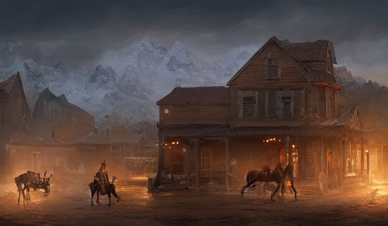 Prompt: old west town, sharp focus, intricate, elegant, digital painting, artstation, matte, highly detailed, concept art, illustration, volumetric lighting, bokeh light, art by greg olsen and liz lemon swindle