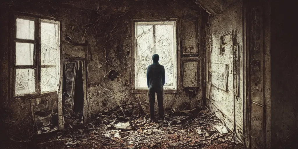 Prompt: detailed analog medium format photo by tarkovsky, polaroid photo of a man standing in abandoned house while creepy figure looks at him from outside of window, artwork by maxim verehin, high production value, intricate details, 8 k resolution, hyperrealistic, hdr, photorealistic, high definition, tehnicolor, award - winning photography, masterpiece, amazing colors, trending on artstation