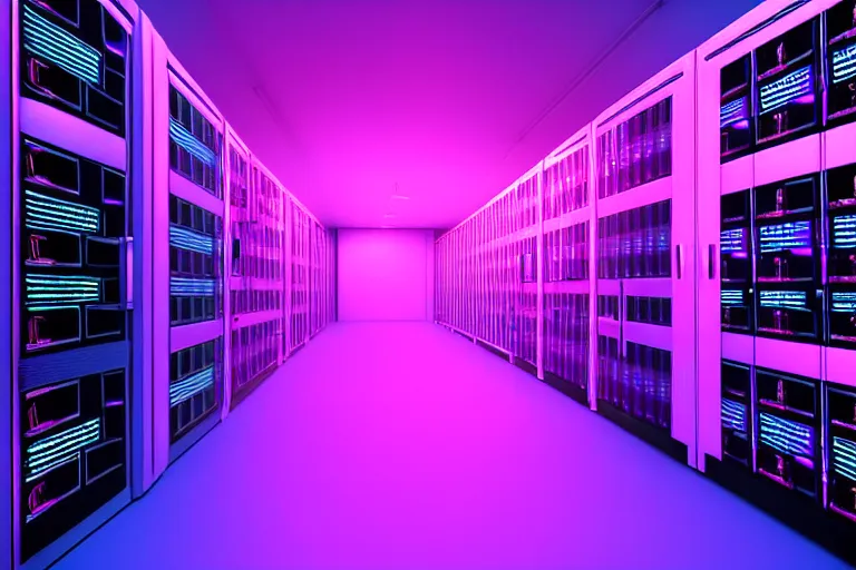 Prompt: realistic robot in a data server room, neon and dark, purple and blue color scheme, by dan mumford and malevich, beeple, fusion 3 d art